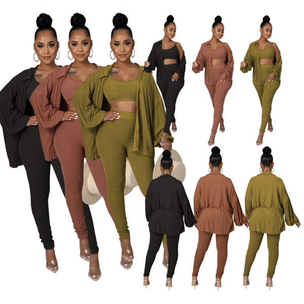 Women's solid color high elastic pits piled sleeves jacket single button three-piece suit