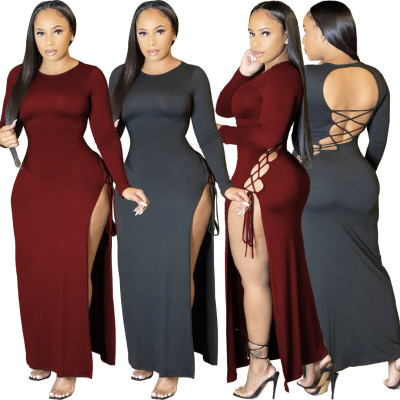 Pure color sexy high-fork halter dress