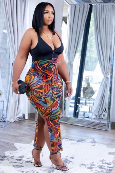 Women's,fashion,casual,printed,stitching,halterneck,dress