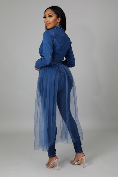 Women's high-elastic washed denim stitching mesh jacket long trench coat