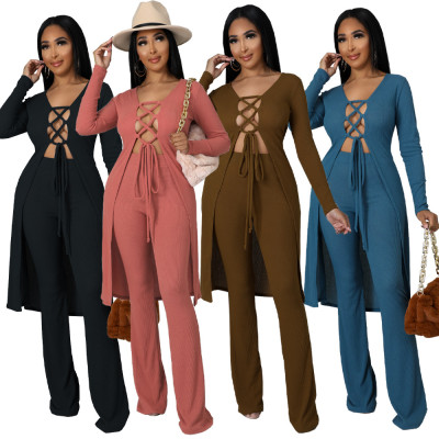Women's,autumn,and,winter,nightclub,solid,color,pit,striped,lace,cardigan,flared,pants,two-piece,suit