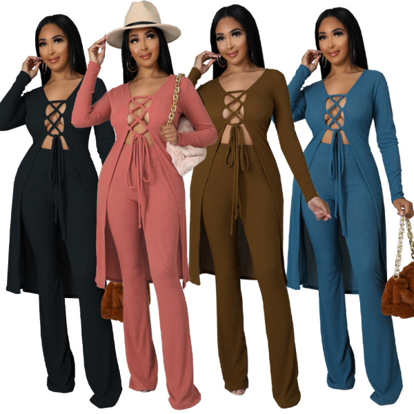 Women's,autumn,and,winter,nightclub,solid,color,pit,striped,lace,cardigan,flared,pants,two-piece,suit