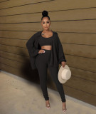 Women's solid color high elastic pits piled sleeves jacket single button three-piece suit