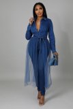 Women's high-elastic washed denim stitching mesh jacket long trench coat