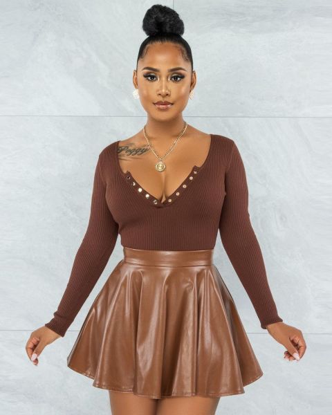 Casual solid color pleated pu leather short skirt long sleeve pit striped cloth two-piece suit
