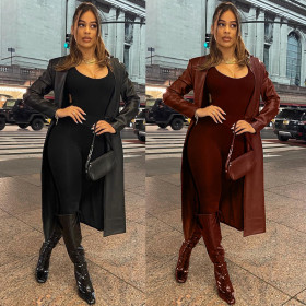 Women's,waist,buttoned,long-sleeved,PU,coat