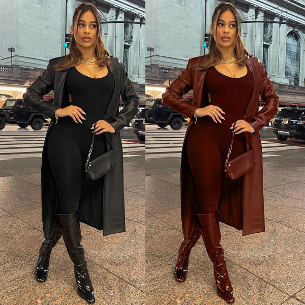 Women's,waist,buttoned,long-sleeved,PU,coat