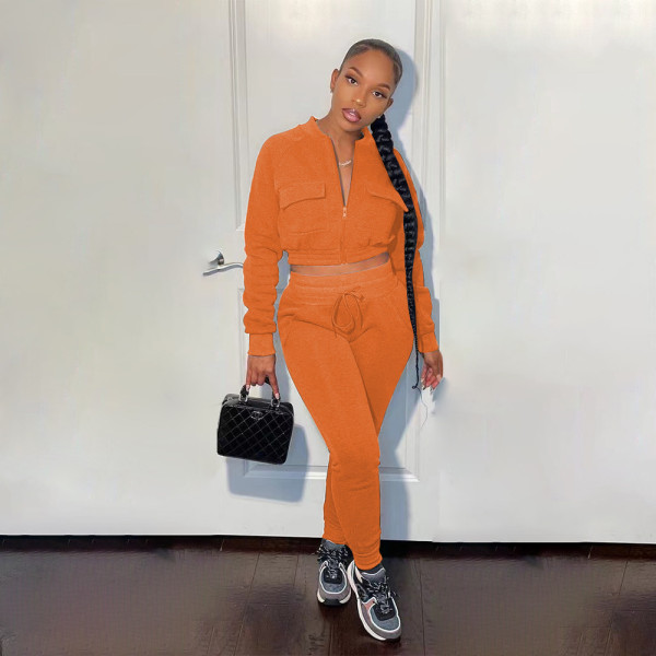 Women's sweater pull frame top double pocket baseball two-piece suit