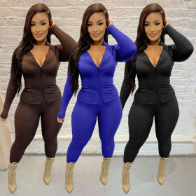 Winter,sexy,casual,solid,color,lapel,button,deep,V,pit,strip,two-piece,suit