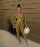 Women's solid color high elastic pits piled sleeves jacket single button three-piece suit