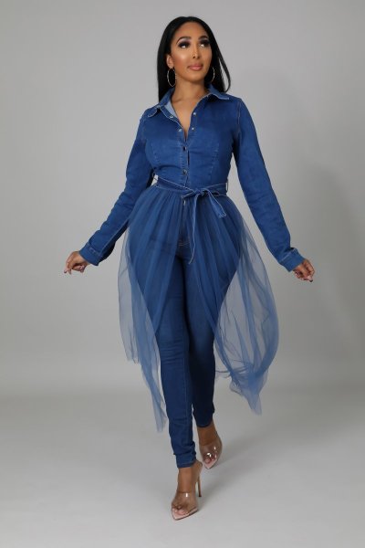 Women's high-elastic washed denim stitching mesh jacket long trench coat