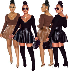 Casual solid color pleated pu leather short skirt long sleeve pit striped cloth two-piece suit