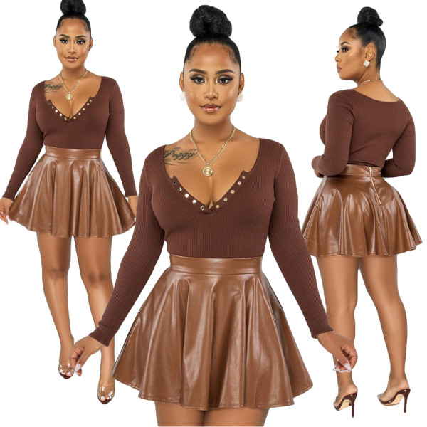 Casual solid color pleated pu leather short skirt long sleeve pit striped cloth two-piece suit
