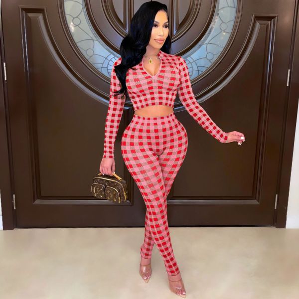 2021 autumn and winter new plaid printed sports tights suit