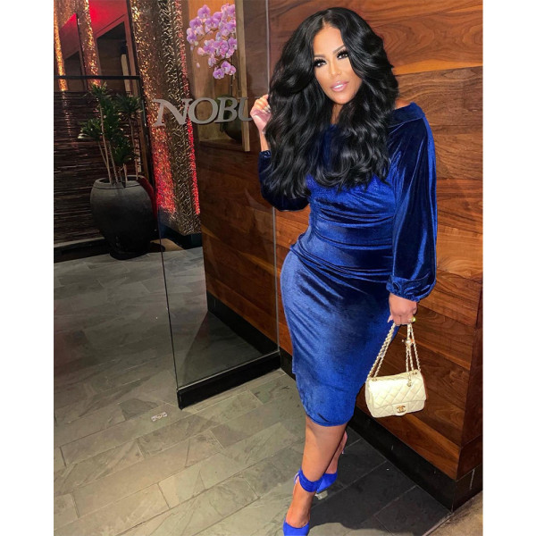 Explosive plus size women's autumn and winter one-shoulder retro velvet dress