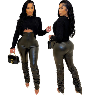 Pure color sexy PU leather pleated casual pants