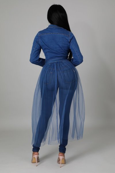 Women's high-elastic washed denim stitching mesh jacket long trench coat
