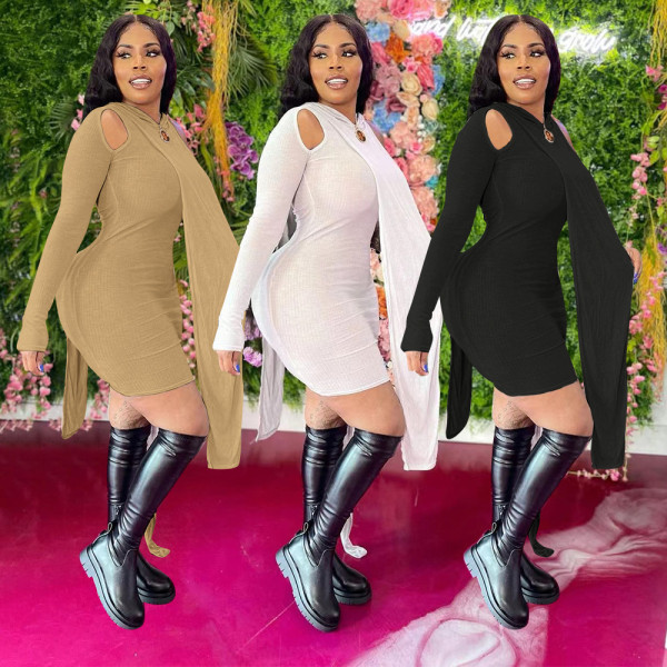 Autumn and winter women's fashion casual irregular one-shoulder long-sleeved hooded skirt two-piece suit