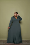 Fashion women's solid color large size V-neck long-sleeved large skirt loose dress