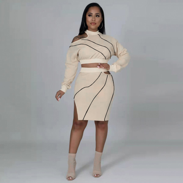 Nightclub service anti-car line threaded hollow split round neck two-piece suit