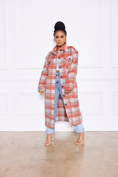 Casual fashion classic plaid single-breasted long woolen coat jacket
