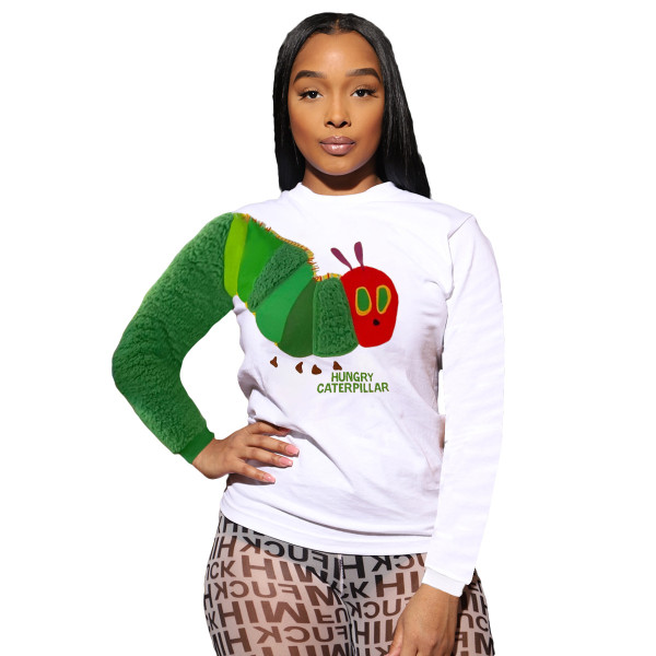 Casual women's blouse caterpillar long-sleeved stitching printed T-shirt