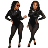New sexy mesh stitching velvet jumpsuit