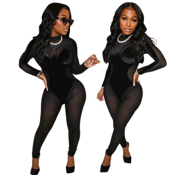 New sexy mesh stitching velvet jumpsuit