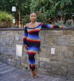 Fashion pit strip low collar off-shoulder slim long-sleeved dress