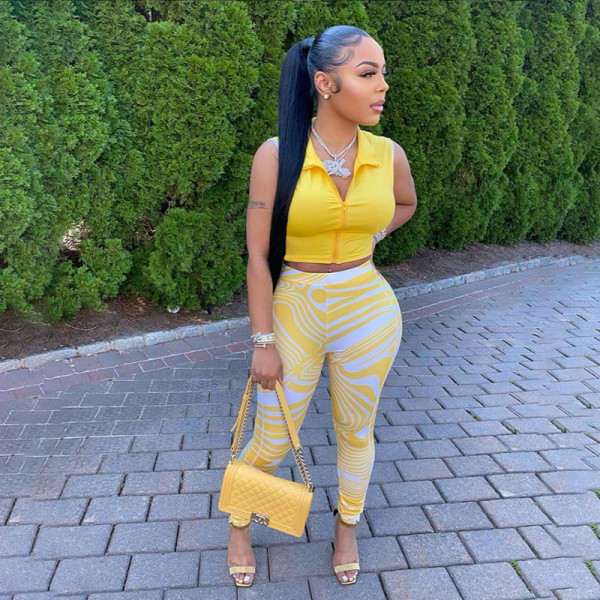 Autumn women's new style solid color lapel sleeveless top and high waist printed trousers suit