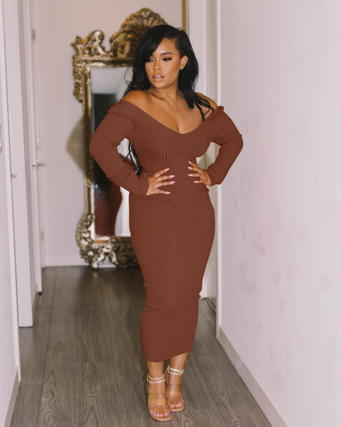 Fashion big hang strip knitted low-neck off-the-shoulder slim dress