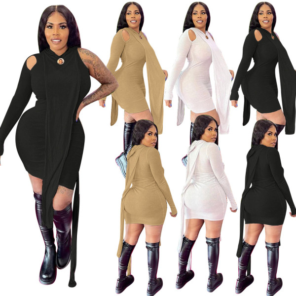 Autumn and winter women's fashion casual irregular one-shoulder long-sleeved hooded skirt two-piece suit