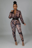 Fashion printed zipper sports elastic waist trousers two-piece suit