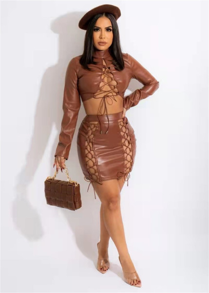 Women's sexy temperament belt PU suit short skirt two-piece suit
