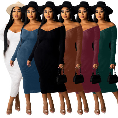 Fashion big hang strip knitted low-neck off-the-shoulder slim dress