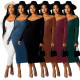 Fashion big hang strip knitted low-neck off-the-shoulder slim dress
