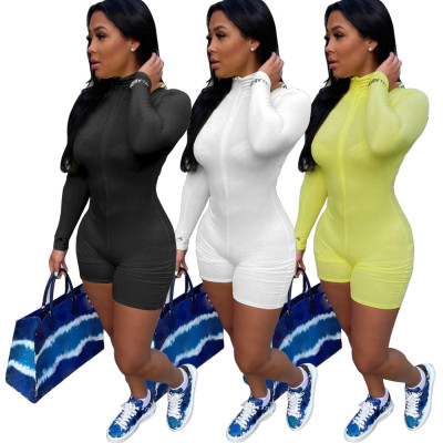 Women's Tight High Neck Thread Embroidered Letters Zipper Long Sleeve Jumpsuit