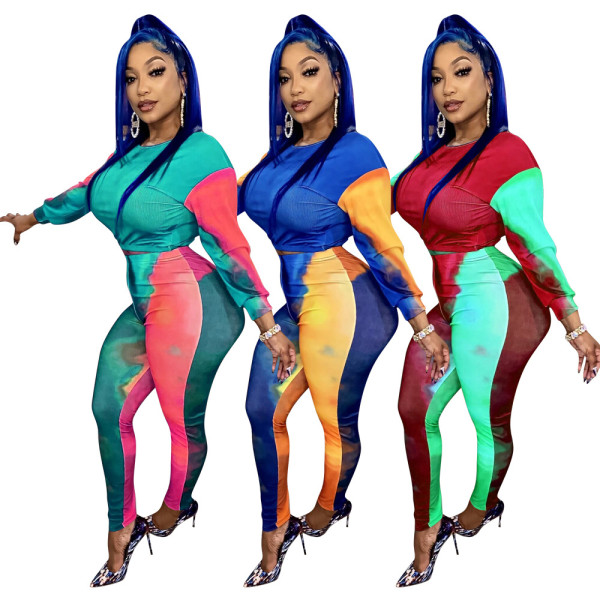 Women's autumn and winter models of personality multi-color positioning printing self-cultivation tie-dye two-piece set