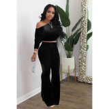 Korean velvet casual long-sleeved bat top flared pants