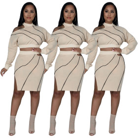 Nightclub service anti-car line threaded hollow split round neck two-piece suit