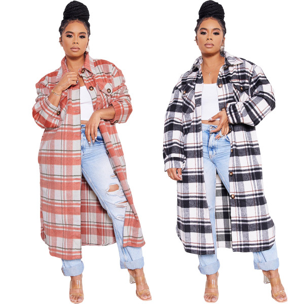 Casual fashion classic plaid single-breasted long woolen coat jacket