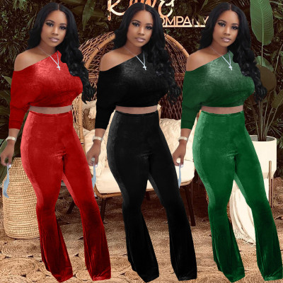 Korean velvet casual long-sleeved bat top flared pants