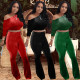 Korean velvet casual long-sleeved bat top flared pants