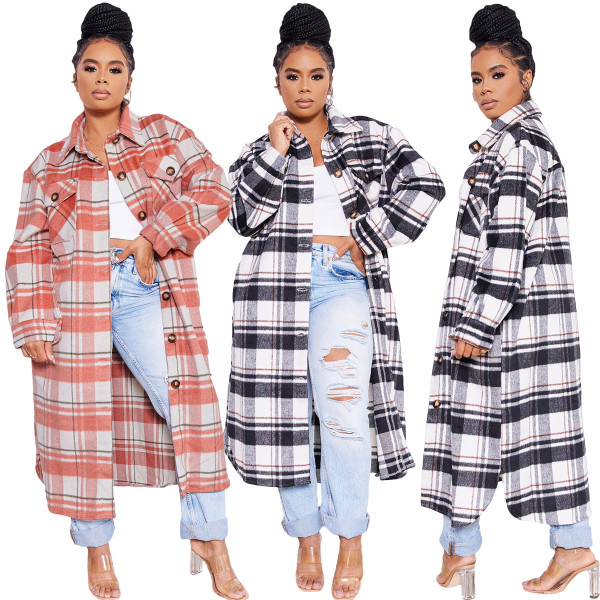 Casual fashion classic plaid single-breasted long woolen coat jacket