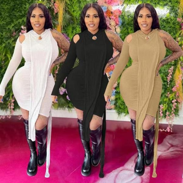 Autumn and winter women's fashion casual irregular one-shoulder long-sleeved hooded skirt two-piece suit