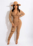 New product fashion casual drawstring pleated solid color two-piece suit
