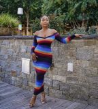 Fashion pit strip low collar off-shoulder slim long-sleeved dress