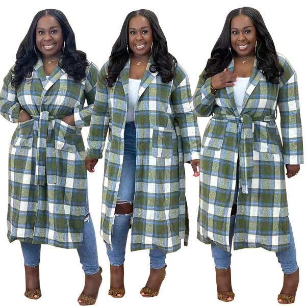 Women's fashion classic long thick plaid suit tie tie plaid woolen coat