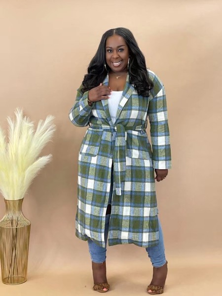 Women's fashion classic long thick plaid suit tie tie plaid woolen coat