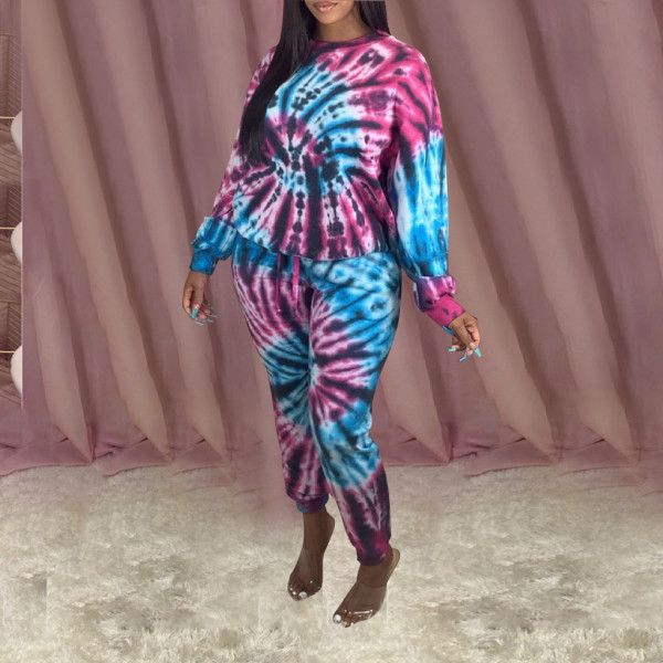 Women's sexy positioning printing tie-dye casual trousers two-piece suit